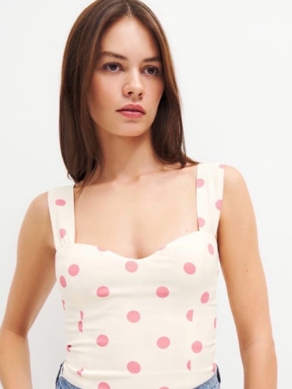 Reformation Hester Cream Polka Dot Crop Tank Top with Pink Dots size 8